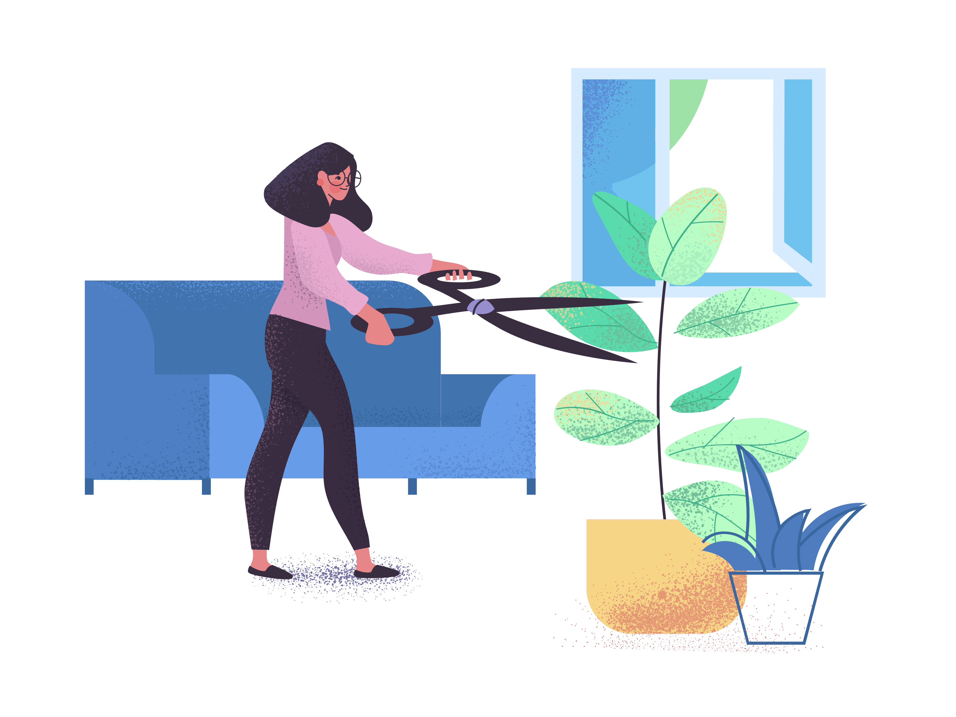 Woman prunes her houseplants